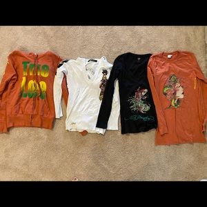 LOT OF 4 ED HARDY TATTOO TOPS WITH CRYSTALS M & L!
